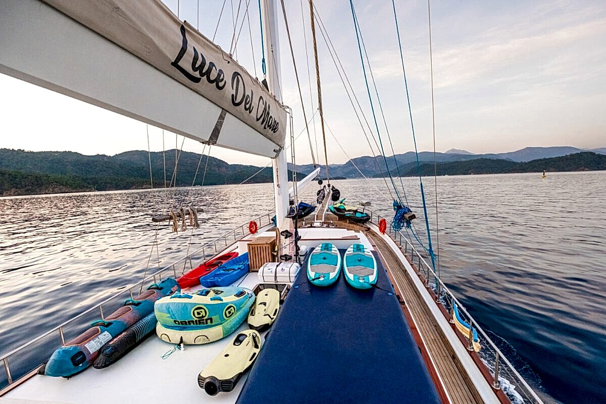 gulet anchored in a quiet bay in Turkey A private gulet anchored in a quiet bay in Turkey